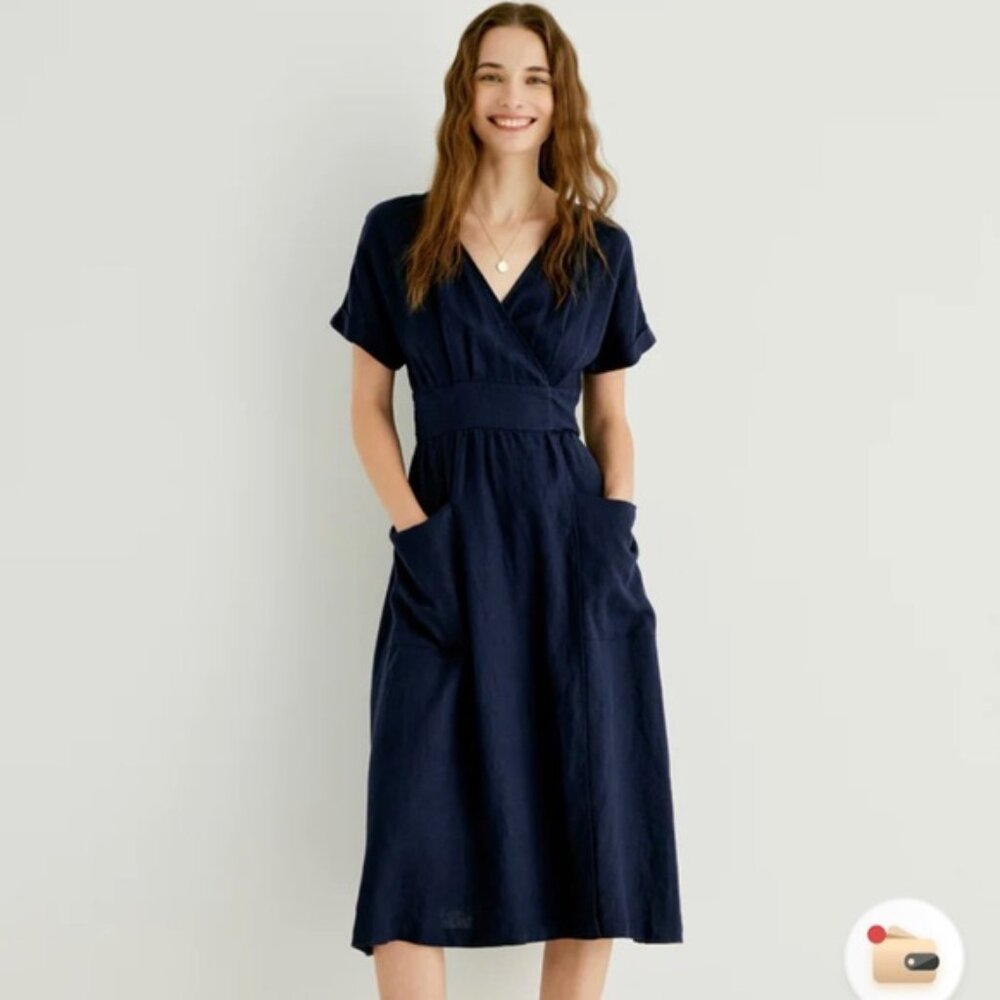 Frankie 100% Linen Short Sleeve V-Neck A-Line Dress  Navy Blue / XL